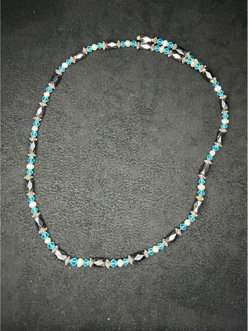 Vintage Magnetic Hematite Necklace Blue Crystal & Faux Pearl Beaded Choker